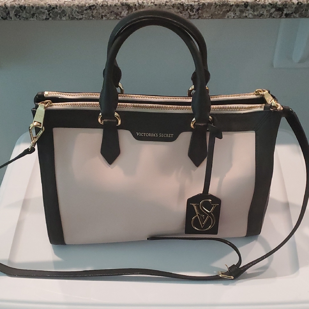 Victoria's Secret Black And Cream Satchel With Gold Accents!